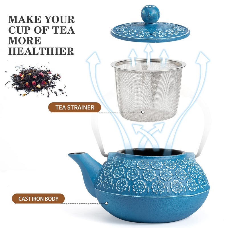 Sotya Cast Iron Teapot, 30oz/900ml Japanese Tetsubin Tea Pot with Infuser for Loose Leaf and Tea Bags, Tea Kettle Coated with Enameled Interior for Stove Top, Dark Blue - Image 2